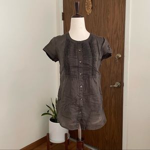 Calvin Klein olive green/ desert taupe short sleeve ramie button up shirt blouse